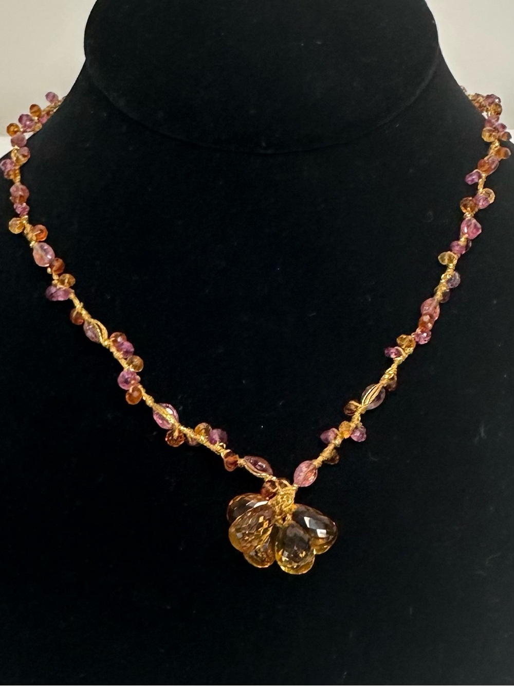 Artisan Handmade Citrine Cluster Pendant with Semi Precious Beaded Necklace